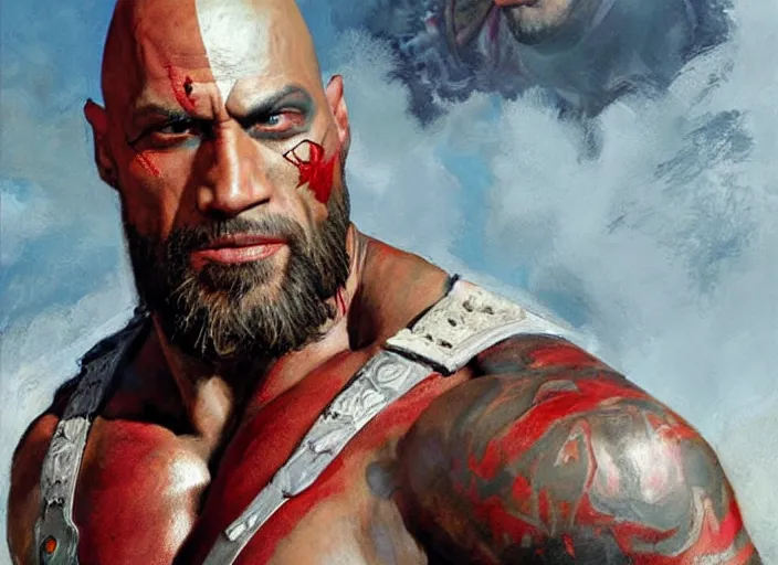 Prompt: a highly detailed beautiful portrait of the rock as kratos, by gregory manchess, james gurney, james jean