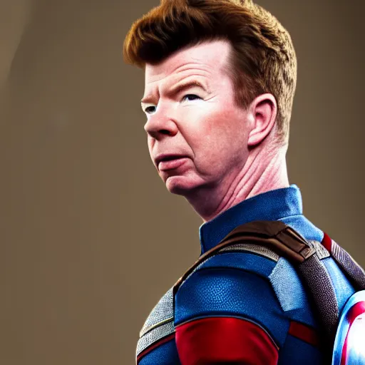 Image similar to a portrait of a Rick Astley as a captain America ,HDR, natural light, shoulder level shot, dynamic pose, award winning photograph, Mucha style, 8k,