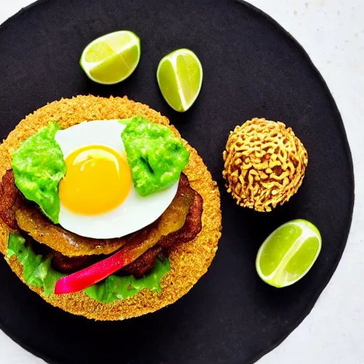 Image similar to vegan hamburger with guacamole topping crispy fried onion topping and fried egg topping, crispy buns, 8 k resolution, studio lighting, sharp focus, hyper - detailed