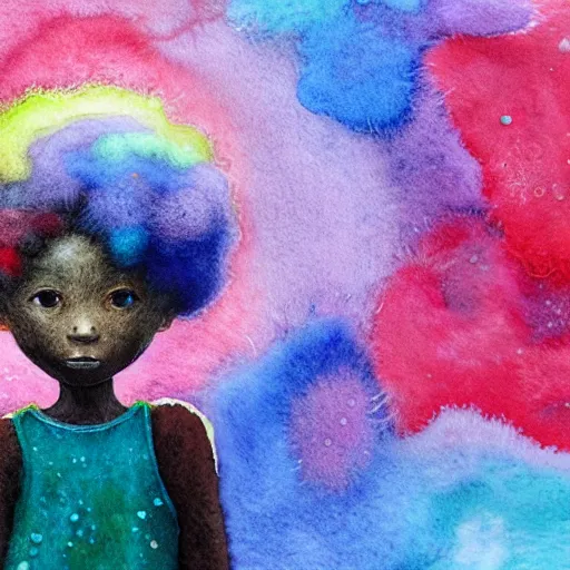 Prompt: a black girl with a colorful afro and big colorful eyes playing in the rain, bright colours, bokeh!! watercolor, volumetric wool felting, macro photography, children illustration, by goro fujita