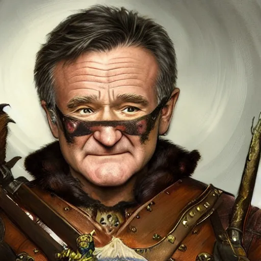 Image similar to an ultradetailed portrait of robin williams dressed as a fantasy rogue, sneaking in shadows of a dark alley, d & d, fantasy, intricate, elegant, highly detailed, digital painting, matte, sharp focus, illustration, plate armor, god rays, art by john collier and albert aublet and krenz cushart and artem demura and alphonse mucha
