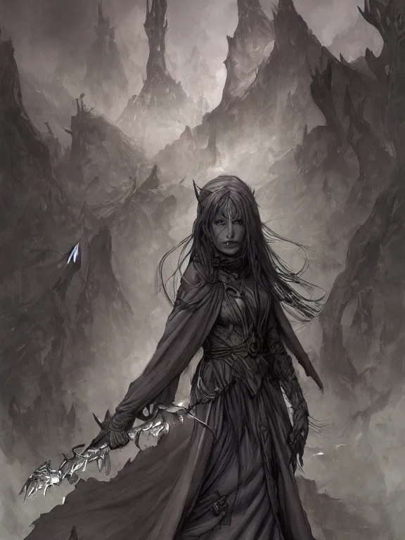 Image similar to female revenant, grey tarnished robes, vengeful, floating, no legs, high fantasy, magitek, monochromatic, matte digital illustration, by koyorin, donato giancola, pixiv