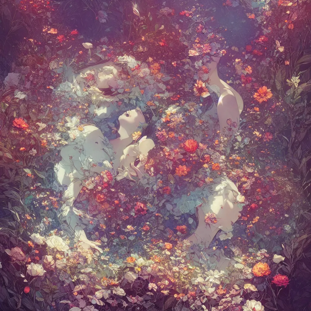 Image similar to A beautiful fantasy field of flowers and leaves, huge petals, highly detailed, epic composition, ultra wide-shot, concept art, beautifully lit, digital painting, sharp focus, elegant, smooth, intricate, artstation, by WLOP and James Jean and Victo Ngai and Ryohei Hase