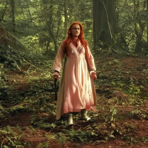 Prompt: movie still of alicia silverstone as frustrated sith mara jade on the forested mountain planet wayland in star wars episode vii : heir to the empire