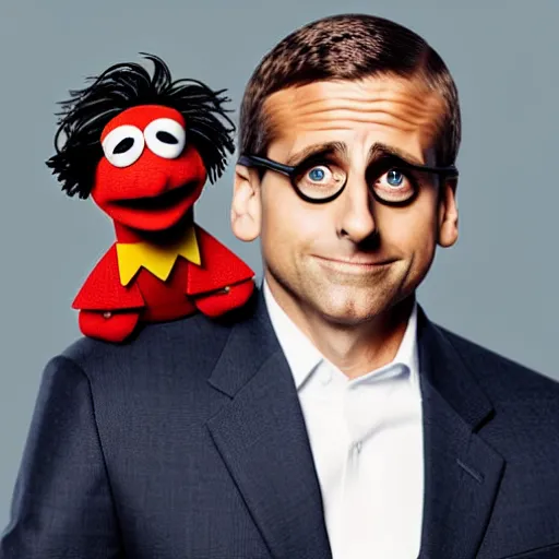 Prompt: A still of Steve Carell reimagined as a Muppet, photorealistic