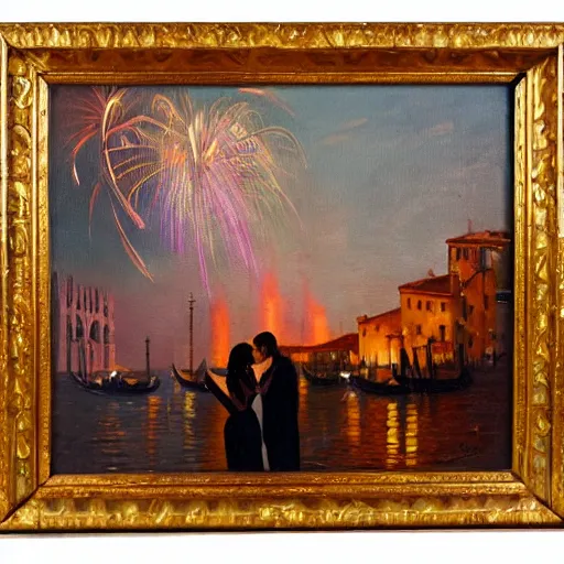 Prompt: an oil painting of couple kissing, in a background fireworks in venice