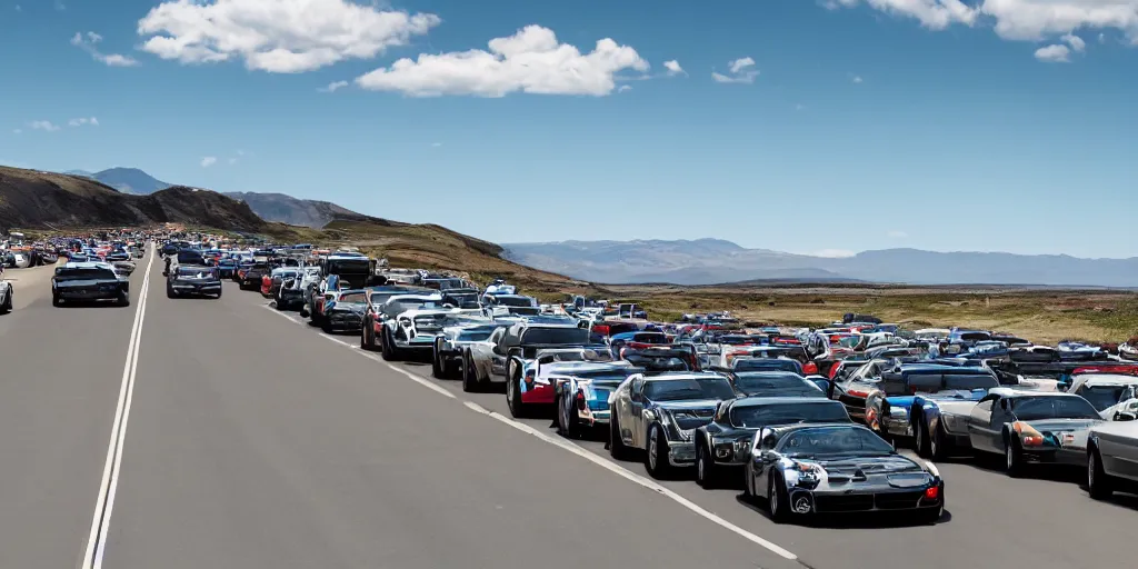 Image similar to an infinite convoy line of cars , extreme wide shot, infinite regression