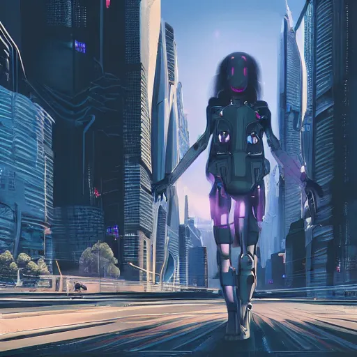 Image similar to portrait of a female cyborg walking down a futuristic cyberpunk street with tall buildings on both sides