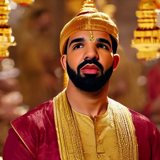 Prompt: drake the rapper wearing a silk kurta, bundi, hindu kovil scene, highly realistic