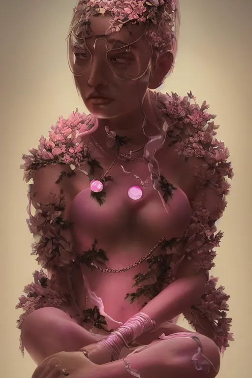 Image similar to A fancy portrait of a pink crystal statue of a women by Greg Rutkowski, beeple, Sung Choi, Mitchell Mohrhauser, Maciej Kuciara, Johnson Ting, Maxim Verehin, Peter Konig, final fantasy, macro lens , 8k photorealistic, cinematic lighting, HD, high details, dramatic, dark atmosphere, trending on artstation