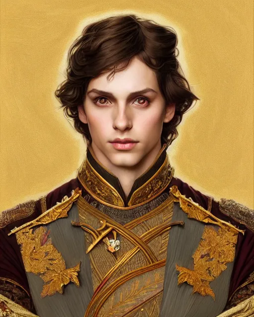 Prompt: symmetry portrait of welsh brunette prince in mans tunic, glam, fae, short hair, forest background, intricate, elegant, highly detailed, digital painting, artstation, concept art, smooth, sharp focus, illustration, art by artgerm and greg rutkowski and fra angelico and alphons mucha