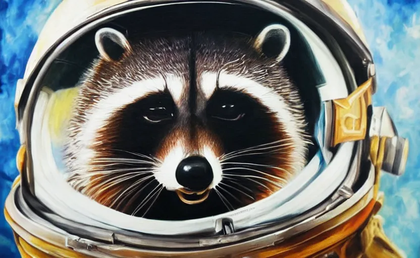 Image similar to oil painting of a racoon in a astronaut suit with helmet, 35mm, photo, Epic, cinematic, highly detailed and intricate