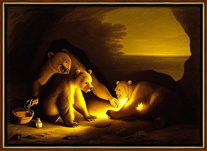 Image similar to Pieter Claesz's 'a bear and her cub sleeping in a dark cave, lit by campfire', night time, cross hatching, backlit, beautiful wooden frame, the colours of the sunset