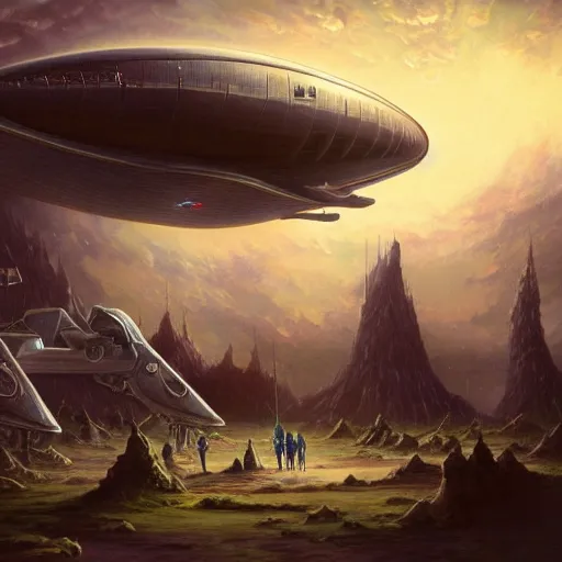 Image similar to thousands of people next to a big spaceship, fantasy art