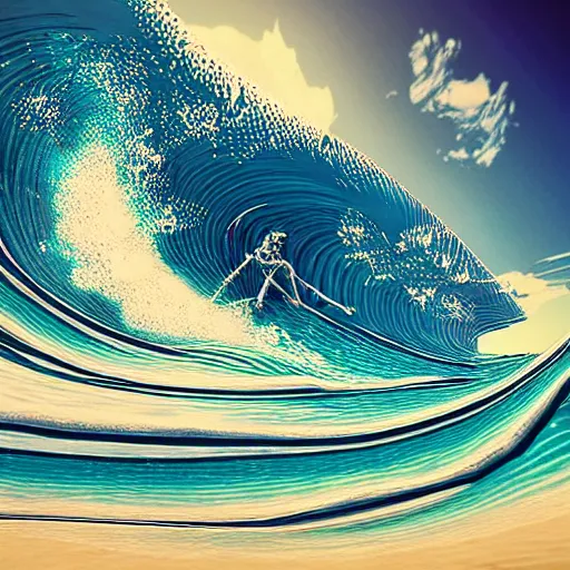 skeleton on a surfboard over a psychedelic wave unreal | Stable Diffusion