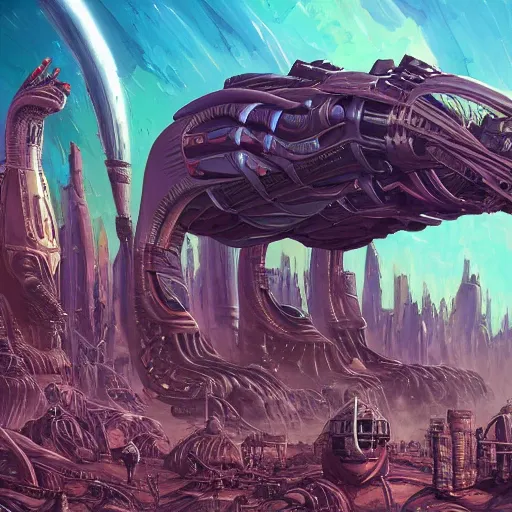 Image similar to rocket factory on ruined planet, alien mutant megafauna, moebius, mike mignogna, heavy metal magazine, highly detailed, rich colors, artgerm, trending on artstation