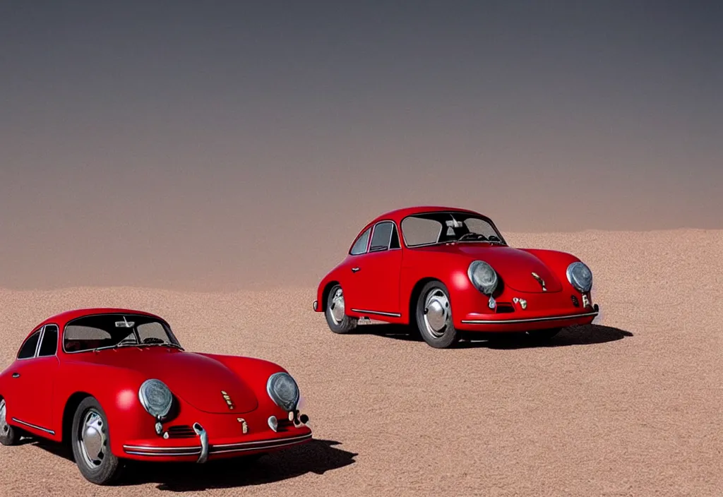 Image similar to “a single red porsche 356 is parked in the middle of the desert, a matte painting by Scarlett Hooft Graafland, featured on unsplash, australian tonalism, anamorphic lens flare, cinematic lighting, rendered in unreal engine”