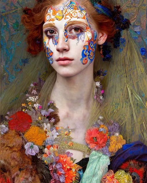 Image similar to a beautiful girl wearing colourful face paint surrounded by bright intricate patterns, by edgar maxence and caravaggio and michael whelan, intricate painting, hyper realistic, extremely detailed and beautiful aesthetic face, 8 k resolution