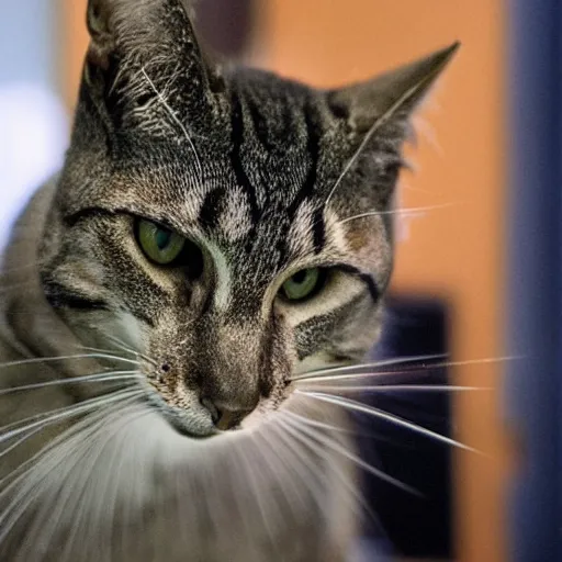 Prompt: photo of an andromorphic cat making an angry telephone call to tec - support