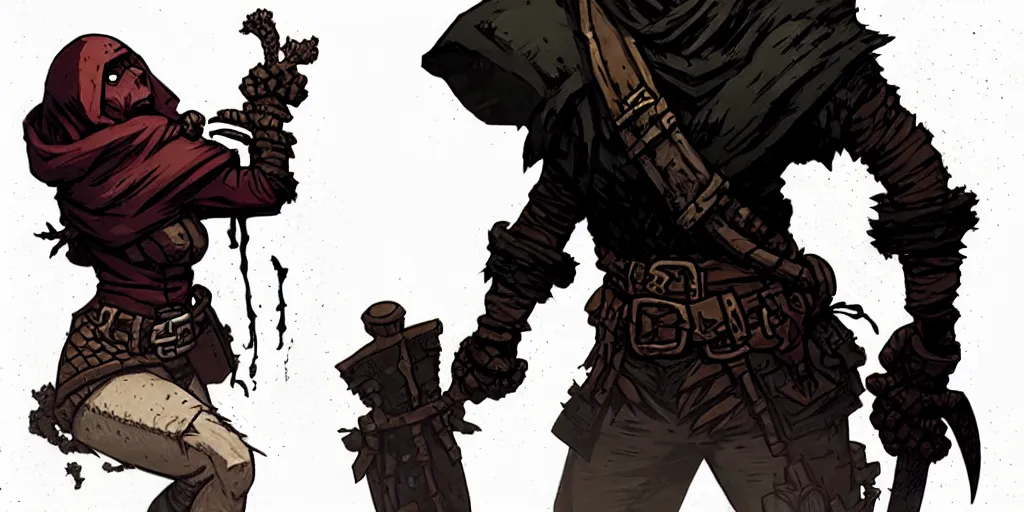 Prompt: rogue character portrait, sprite, darkest dungeon, pc game, sideview, art by moebius and greg rutkowski.