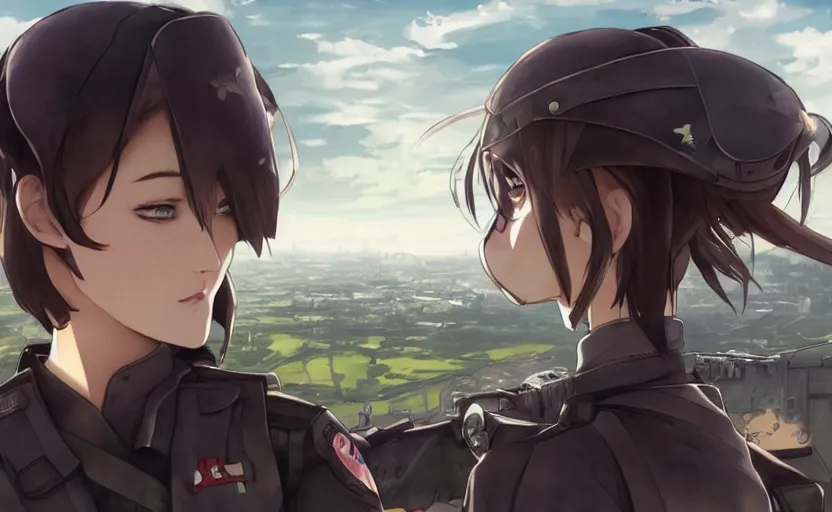 Image similar to panoramic view, girl, soldier clothing, battlefield in background, anime style, short hair, hair down, real face, realistic anatomy, symmetrical facial features, from arknights, hyper realistic, 4 k, extreme detail, detailed drawing, trending artstation, safebooru, realistic lighting, by alphonse mucha, greg rutkowski, shoulder eyes, backlit