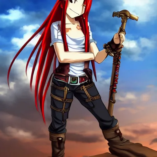 Image similar to sky-pirate with long red hair in front of a steampunk airship, full metal alchemist, anime style