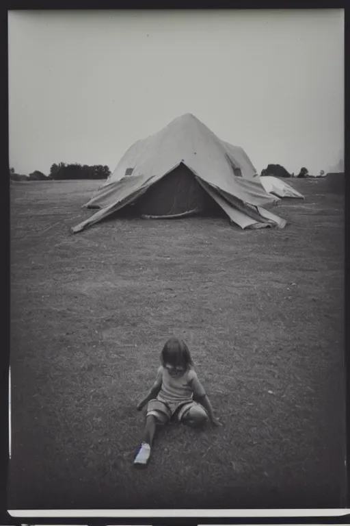 Image similar to photo polaroid of a sad and lonely child stands in the middle many big tents of field hospitals, pandemic, covid,loneliness, black and white ,photorealistic, 35mm film,