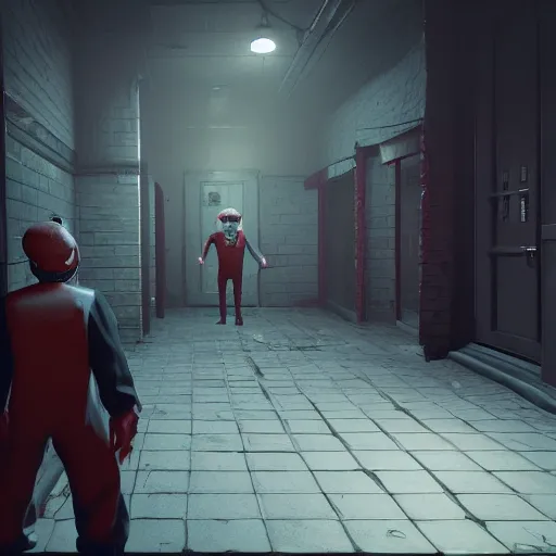 Image similar to Stealth horror game with clowns, Unreal Engine 5, ray tracing, 4k