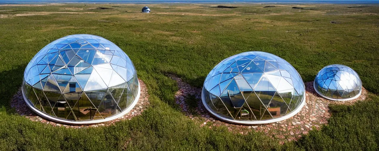 Image similar to spectacular dome house by kristoffer tejlgaard, earthship, optimus sun orientation, north hemisphere, spain, geodesic architecture, biodome homes, fuller