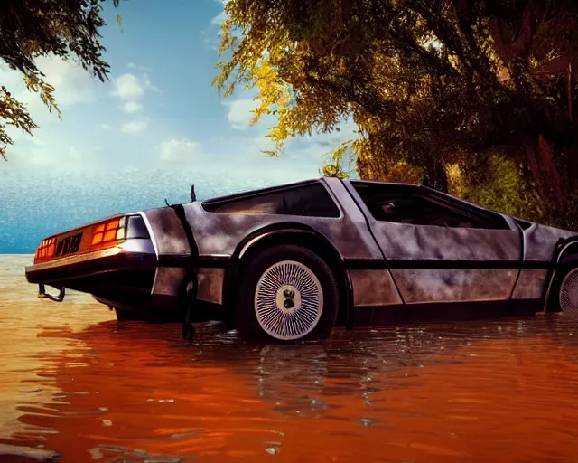 Image similar to delorean rusting and destroyed under water, cinematic, photoreal, by red dead redemption 2