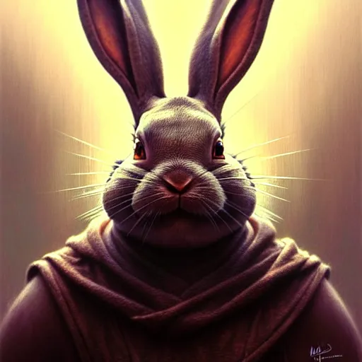 Image similar to low angle shot of a sad rabbit by guillermo del toro, intricate, elegant, highly detailed, centered, digital painting, artstation, concept art, smooth, sharp focus, illustration, artgerm, Tomasz Alen Kopera, Peter Mohrbacher donato giancola, Joseph Christian Leyendecker, WLOP, Boris Vallejo