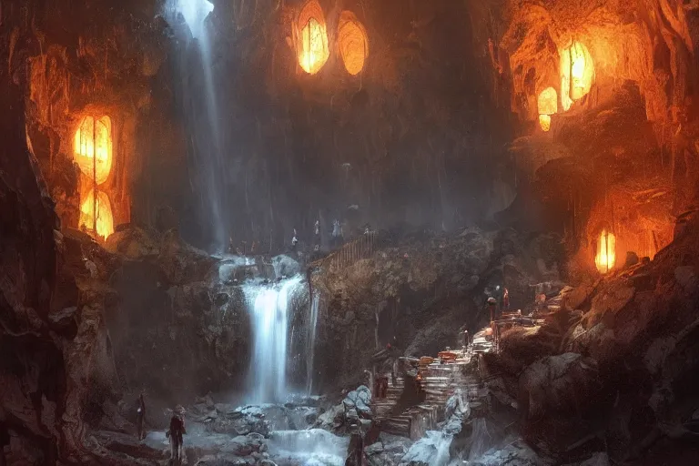 Prompt: 9 9 9 9 inside of a dark cave, small water stream and staircase to a waterfall, dim orange minerals, fantasy, highly detailed, art by greg rutkowski
