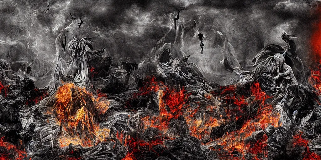 Image similar to digital art, hell, dark and burning full of huge pyres with the bodies of sinners, above hell is our world full of people slaves to machines, robots and technology, and above this world is heaven, empty, with angels looking at the other two worlds crying sadly while god is asleep on a golden throne, ultra detailed and realistic, scary