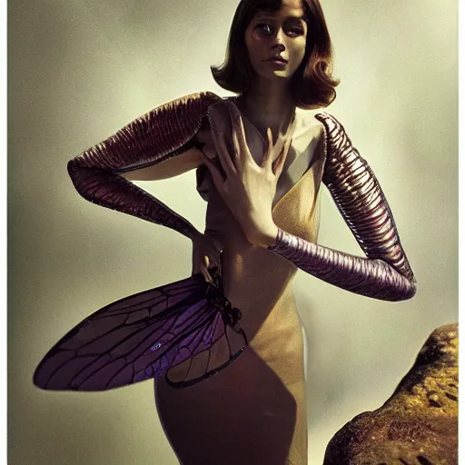 Prompt: brown woman wearing a shiny dragonfly armor. iridiscent. super detailed. layered. textured. award winning. dispersion of light. refracted lighting. soft. fragile. by ray caesar. by louise dahl - wolfe. by andrea kowch. surreal photoraphy