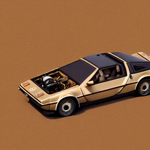 Image similar to a birds - eye view sepia photograph of a delorean in a line with covered wagons and cattle