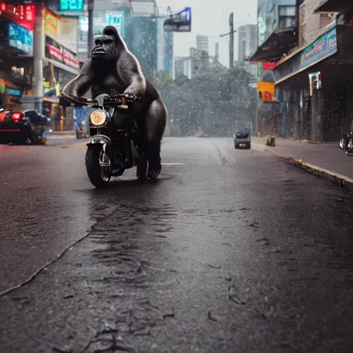 Image similar to a gorilla is riding a motor cycle in a cyberpunk city, shot from far away, during night, raining, many puddles on the street