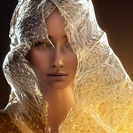 Image similar to a highly detailed digital image of a silver covered elegantly posed futuristic woman beautifully intertwined in golden liquid like leaves shot, full body shot, by Andrew Chiampo, artstation, and Frederik Heyman, extremely detailed woman, stunning volumetric lighting, hyper realism, fantasy 4k