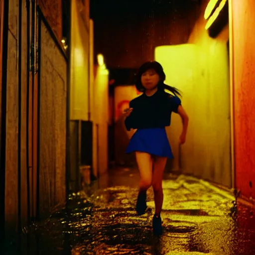 Image similar to 1990s perfect 8K HD professional cinematic photo of close-up japanese schoolgirl running in dystopian alleyway with neon signs, at evening during rain, at instagram, Behance, Adobe Lightroom, with instagram filters, depth of field, taken with polaroid kodak portra