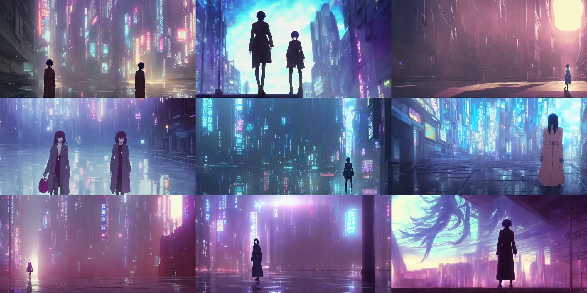 Prompt: a high definition screenshot from the haunting and strange ( ( ( cyberpunk ) ) ) anime anime anime film ; a female detective wearing a trenchcoat investigates a strange and ethereal dreamscape, digital painting by makoto shinkai, moebius moebius, surrealism, trending on artstation