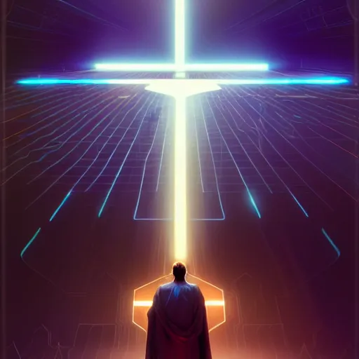 Image similar to tron legacy jesus laughing at church, diffuse lighting, hyper realistic, concept art, intricate, hyper detailed, smooth, sharp focus, illustration, trending on artstation, art by greg rutkowski and james gurney and alphonse mucha