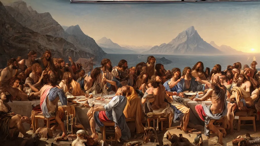 Image similar to a mix between the last supper and the raft of the medusa, with the mountains from napoleon crossing the alps in the back, sunny morning, matte painting, oil canvas, photorealistic illustration, extreme detail, hyper realistic, highly detailed, digital art