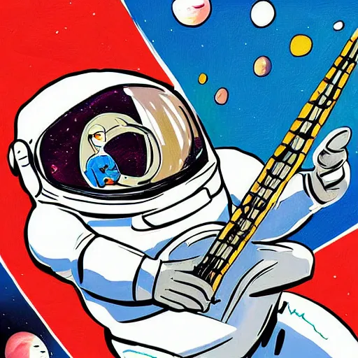 Image similar to an astronaut with headphone playing keyboard in the space, digital painting, digital art, neal adams