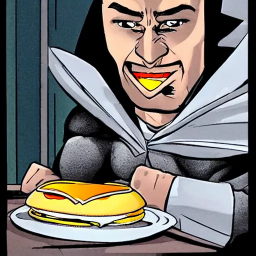 Image similar to Batman eating a burger at McDonalds