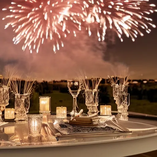 Prompt: simple luxurious candle - lit glass table with fireworks and starry night in the background