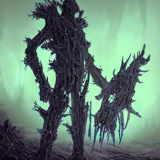 Image similar to Hunter in combat wooden giant walker exoskeleton with chrome details walks between the mystical foggy roots. by Dan Mumford and Tsutomu Nihei make game in Unreal Engine photorealism colorful finalRender iridescent fantasy concept art 8k resolution concept art ink drawing volumetric lighting bioluminescence, plasma, neon, brimming with energy, electricity, power, Colorful Sci-Fi Steampunk Biological Living, cel-shaded, depth, particles, lots of reflective surfaces, subsurface scattering