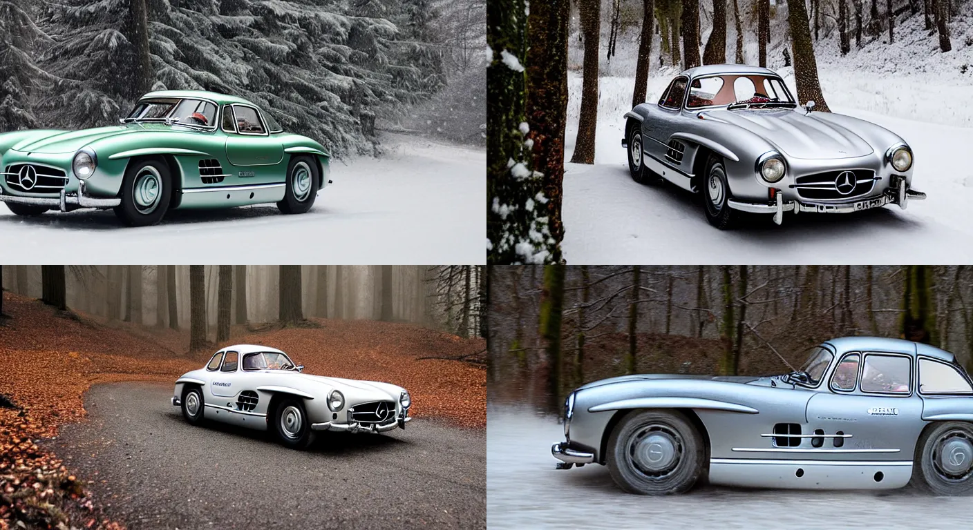 Prompt: a 1 9 5 4 mercedes - benz 3 0 0 sl gullwing, racing through a rally stage in a snowy forest