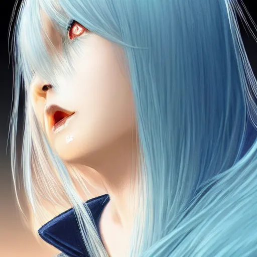 Image similar to full face shot of rimuru tempest, sky blue straight hair, long bangs, with amber eyes, wearing a black jacket, high collar, ultra detailed, concept art, award winning photography, digital painting, cinematic, wlop artstation, closeup, pixiv, evil, yoshitaka amano, andy warhol, ilya kuvshinov,