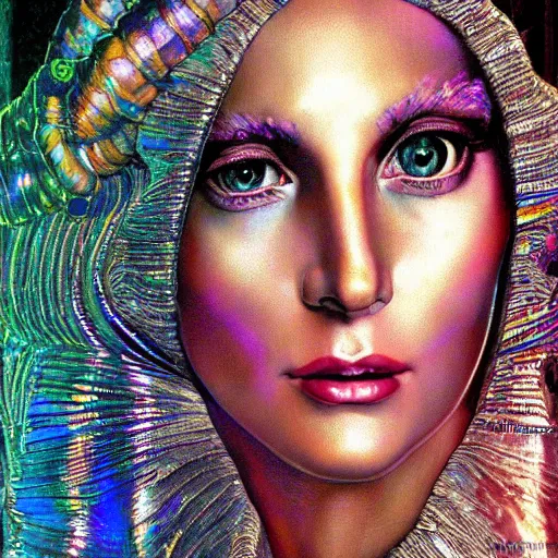 Prompt: close - up renaissance portrait of an iridescent art deco lady gaga, reflective detailed textures, highly detailed fantasy science fiction painting by moebius, norman rockwell and william holman hunt. modern industrial shaman, rich colors, high contrast. artstation