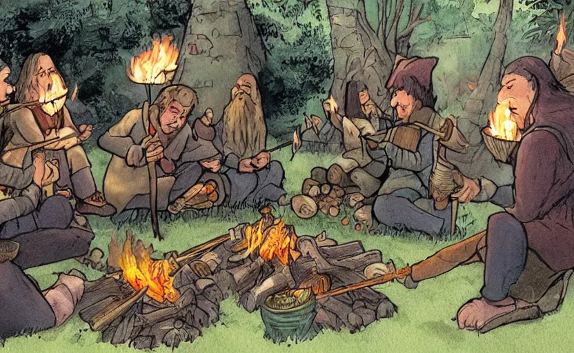 Prompt: childrens book illustration of the fellowship of the ring roasting marshmallows and making s'mores around a campfire