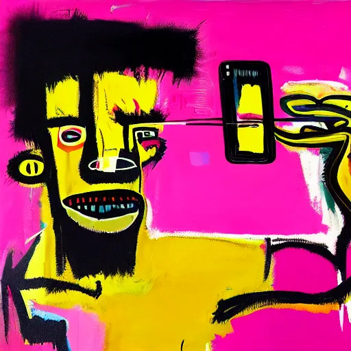 Image similar to A mirror selfie of a handsome muscular man with white angel wings and black devil horns holding an iPhone, pitchfork, full body, pink background, abstract jean-Michel Basquiat oil painting with thick paint strokes, oil on canvas, detailed